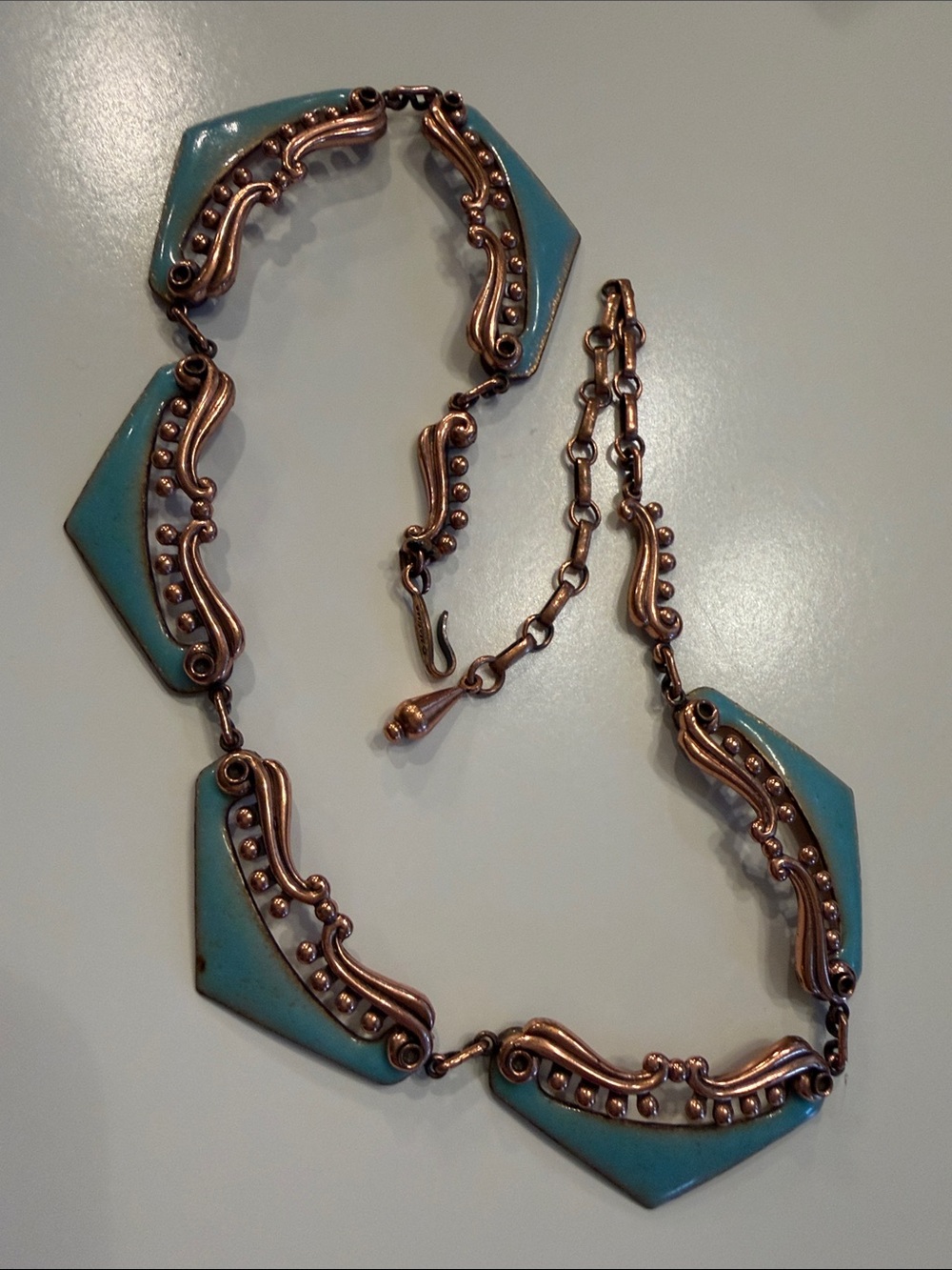MATISSE Venezia Modernist Copper link with Blue /Green Enamel Necklace -fabulous